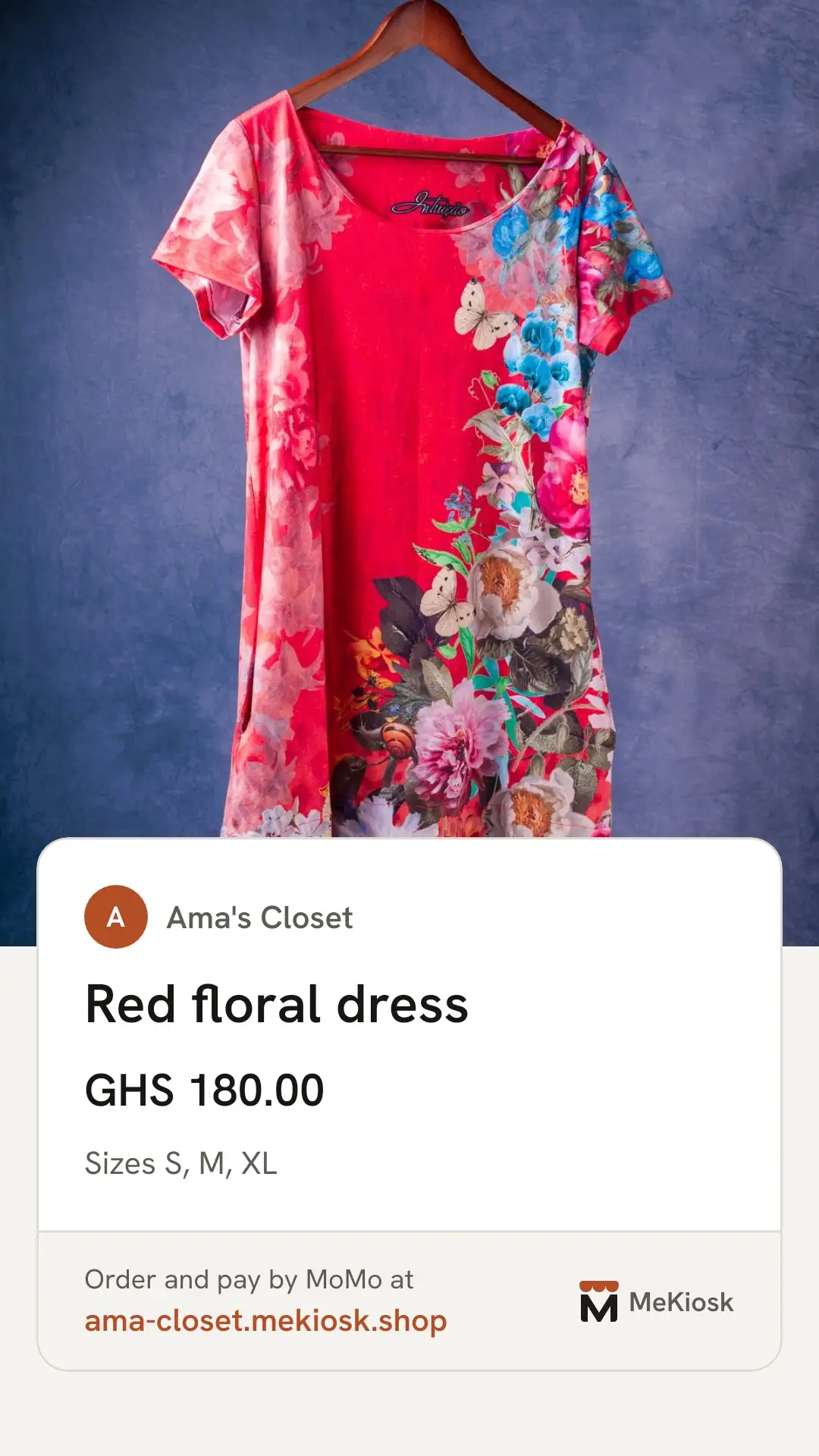 A MeKiosk status image: a red floral dress, GHS 180.00, sizes S, M and XL, from Ama's Closet, with the link ama-closet.mekiosk.shop to order and pay by MoMo